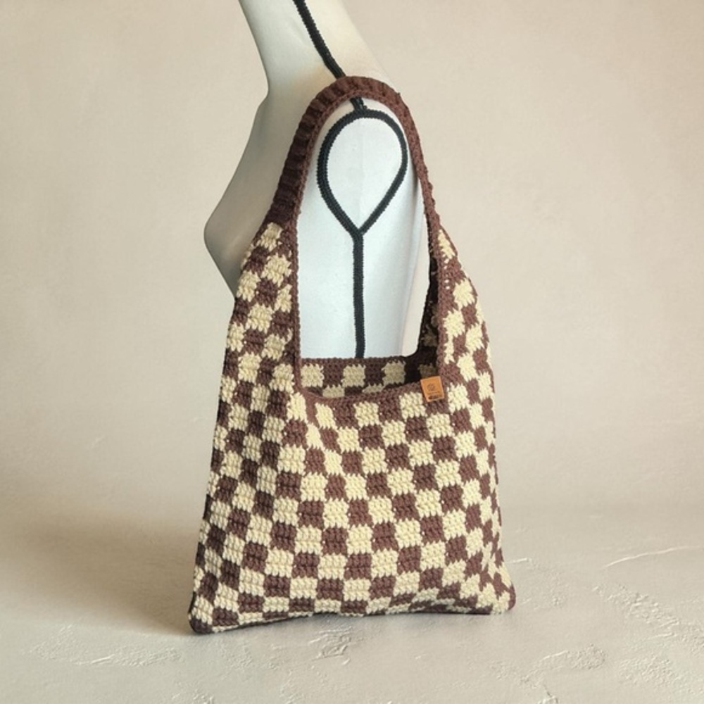 Handmade‎ Dark Brown & Taupe Checker Checkerboard Crochet Shoulder Tote Bag
